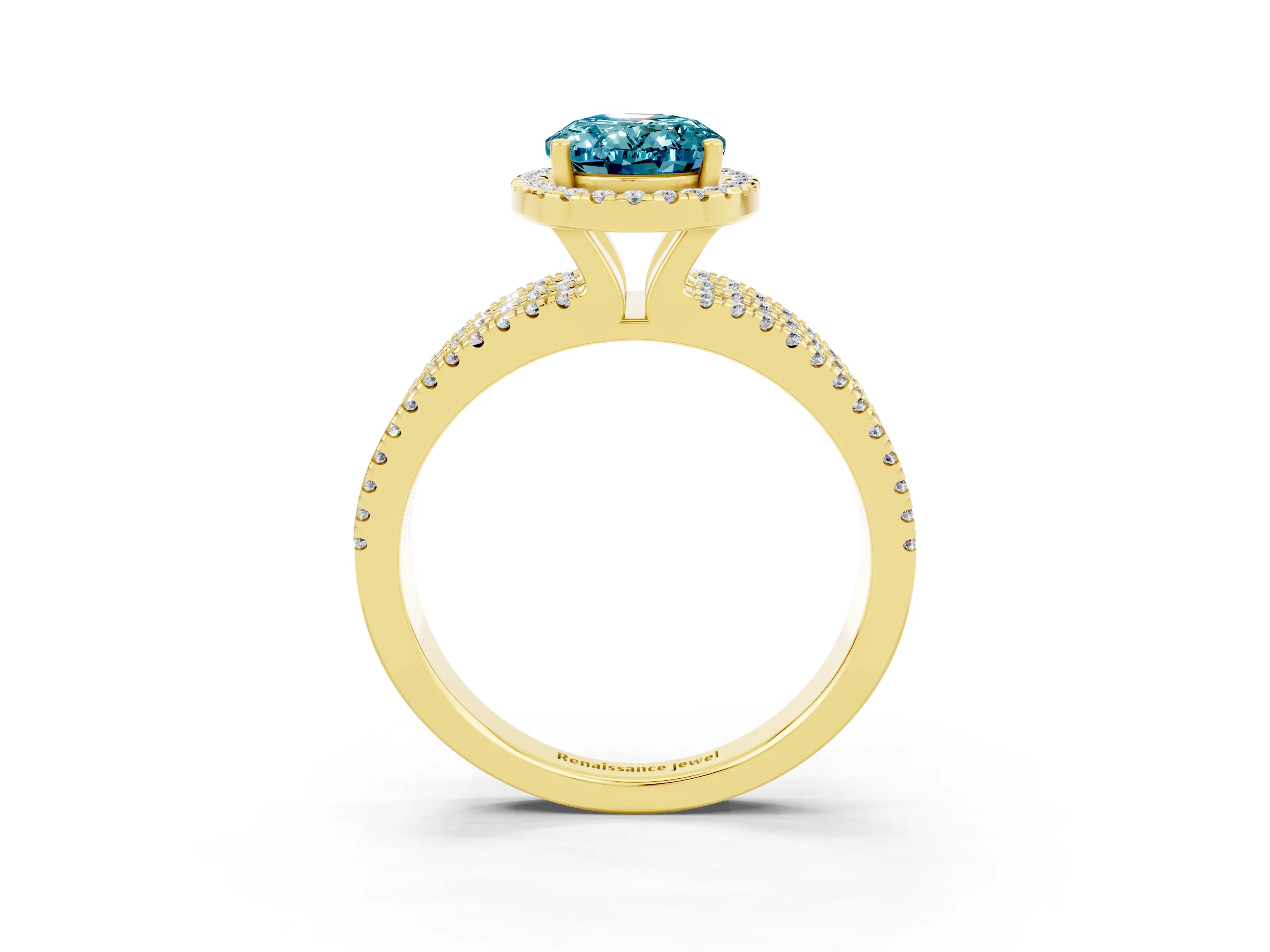 Yellow gold {shape_name} Blue Topaz Halo Engagement Ring with Split Shank and Four-Prong Setting_3