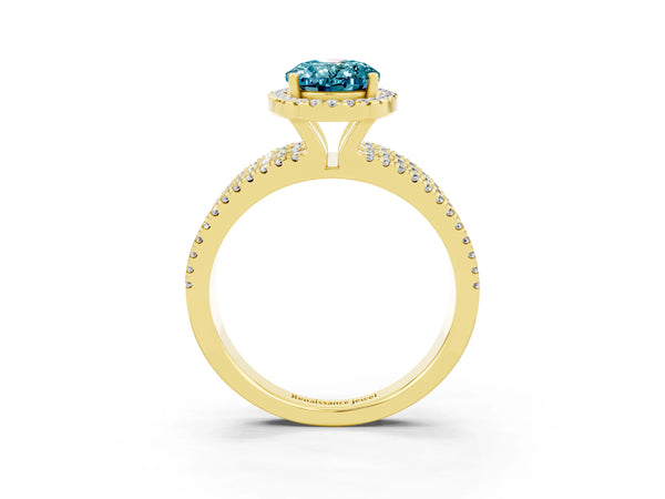 Yellow gold Oval Cut Blue Topaz Halo Engagement Ring with Split Shank and Four-Prong Setting