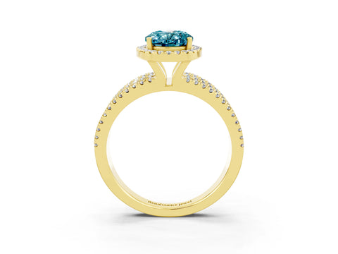 Yellow gold {shape_name} Blue Topaz Halo Engagement Ring with Split Shank and Four-Prong Setting_3