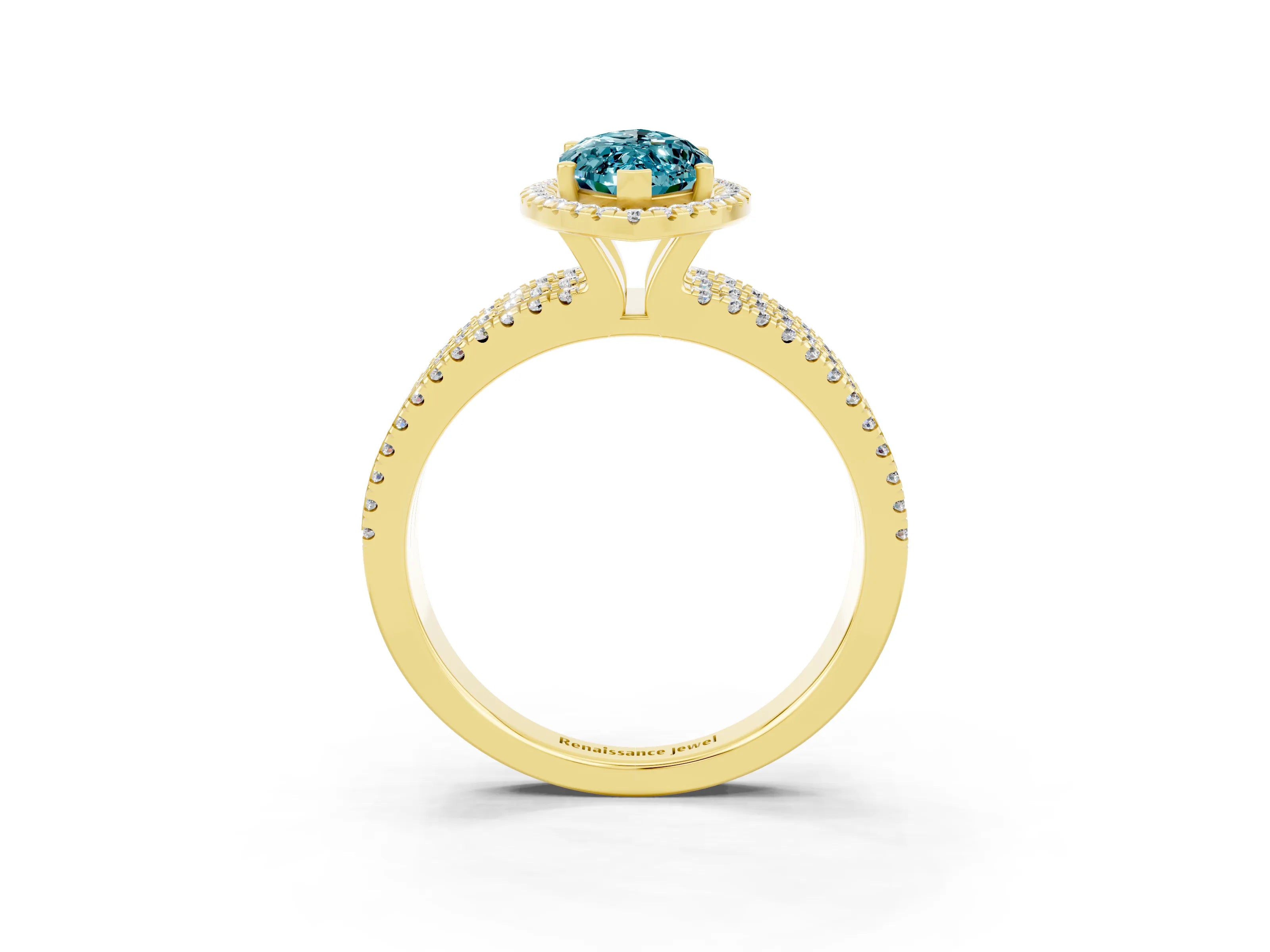 Yellow gold {shape_name} Blue Topaz Halo Engagement Ring with Split Shank and Four-Prong Setting_3