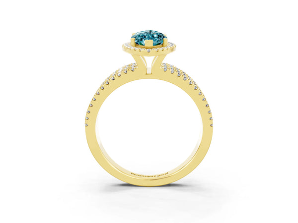 Yellow gold Marquise Cut Blue Topaz Halo Engagement Ring with Split Shank and Four-Prong Setting