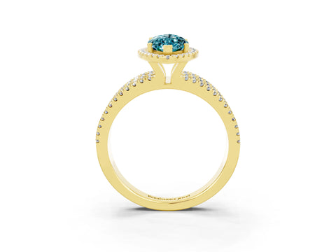 Yellow gold {shape_name} Blue Topaz Halo Engagement Ring with Split Shank and Four-Prong Setting_3