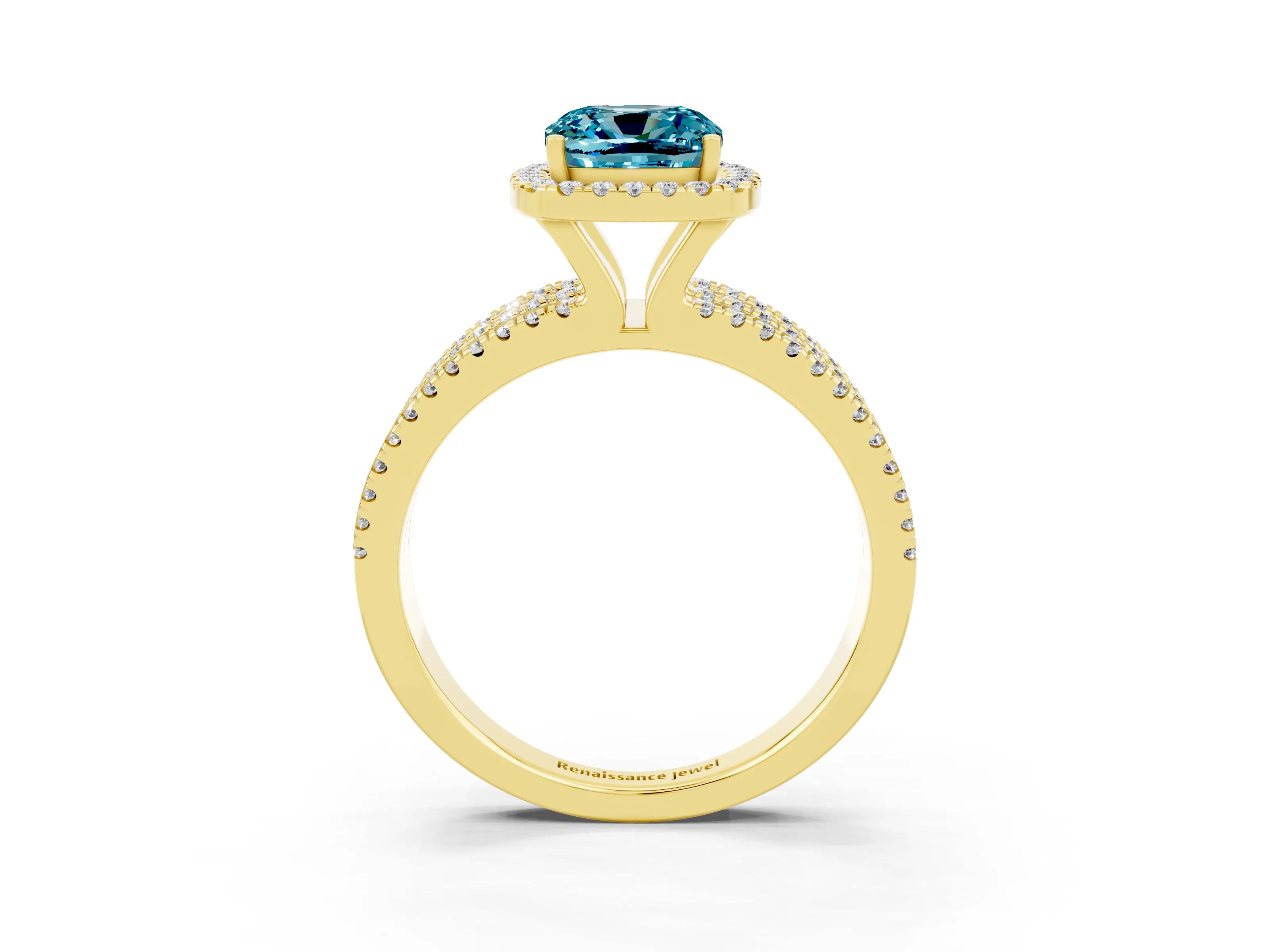 Yellow gold {shape_name} Blue Topaz Halo Engagement Ring with Split Shank and Four-Prong Setting_3