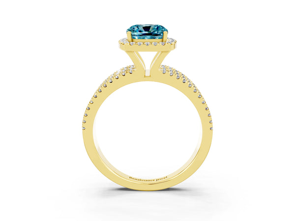Yellow gold Cushion Cut Blue Topaz Halo Engagement Ring with Split Shank and Four-Prong Setting