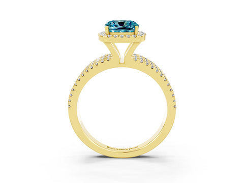 Yellow gold {shape_name} Blue Topaz Halo Engagement Ring with Split Shank and Four-Prong Setting_3