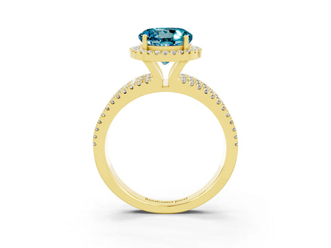 Yellow gold {shape_name} Blue Topaz Halo Engagement Ring with Split Shank and Four-Prong Setting_3