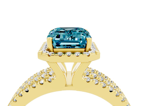 Yellow gold {shape_name} Blue Topaz Halo Engagement Ring with Split Shank and Four-Prong Setting_4