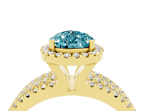 Yellow gold {shape_name} Blue Topaz Halo Engagement Ring with Split Shank and Four-Prong Setting_4