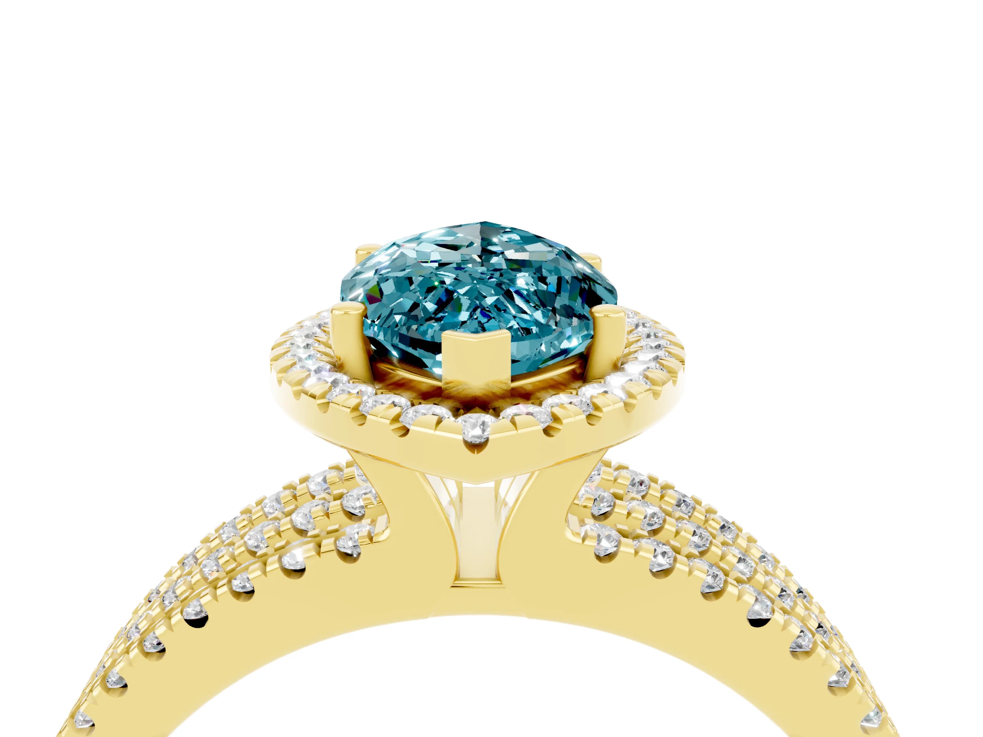 Yellow gold {shape_name} Blue Topaz Halo Engagement Ring with Split Shank and Four-Prong Setting_4