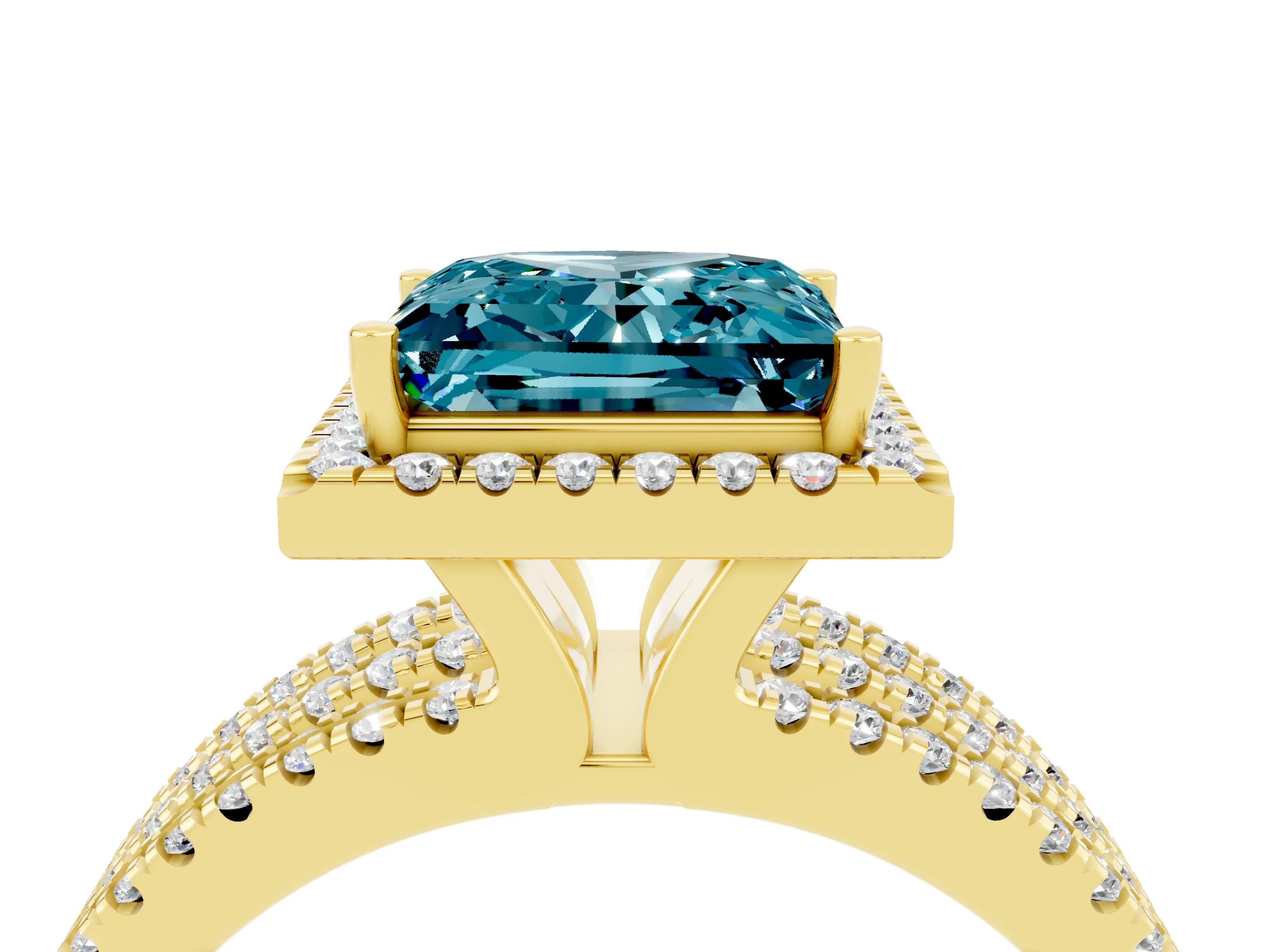 Yellow gold {shape_name} Blue Topaz Halo Engagement Ring with Split Shank and Four-Prong Setting_4
