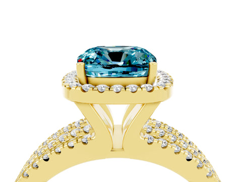 Yellow gold {shape_name} Blue Topaz Halo Engagement Ring with Split Shank and Four-Prong Setting_4