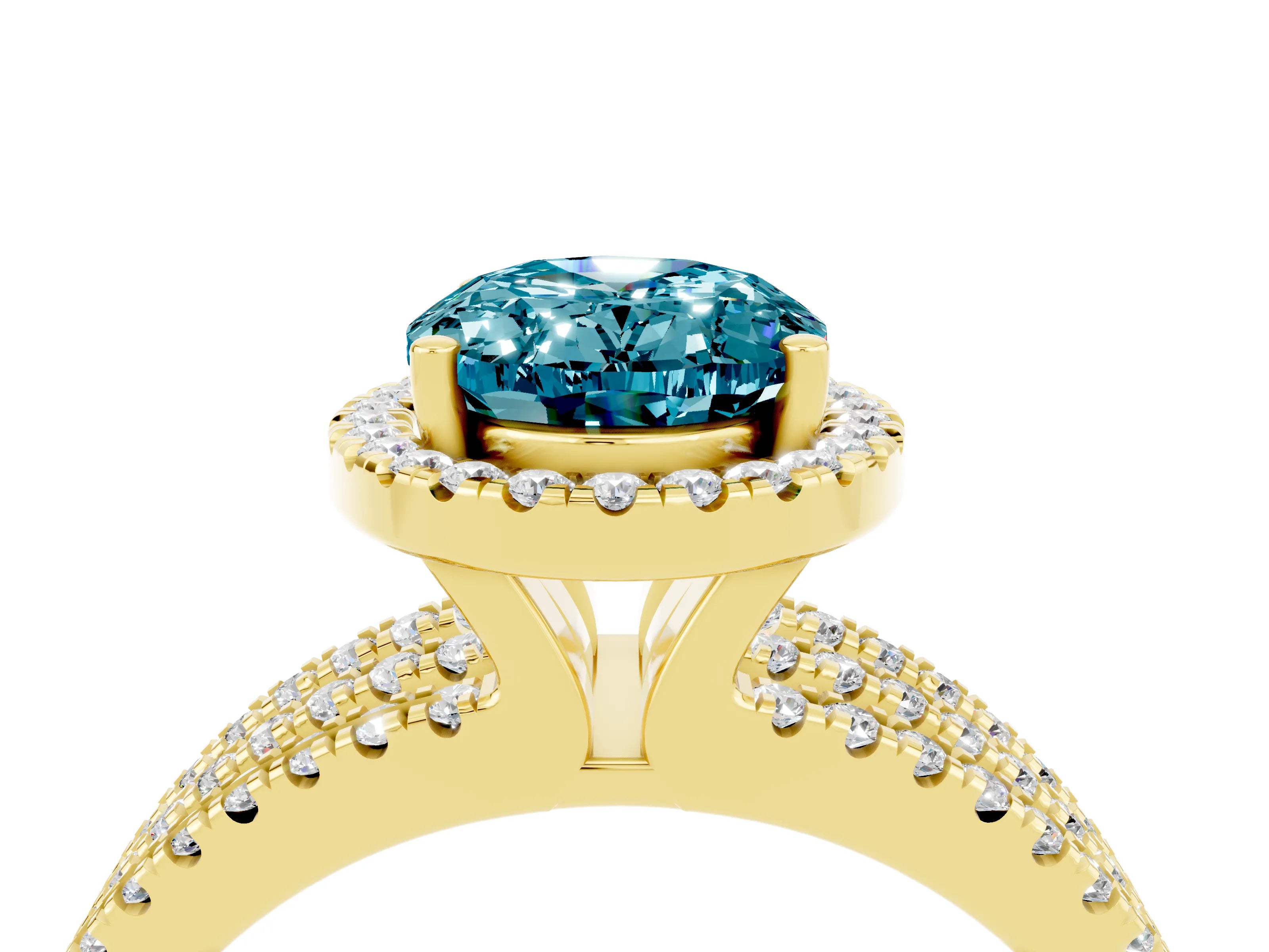 Yellow gold {shape_name} Blue Topaz Halo Engagement Ring with Split Shank and Four-Prong Setting_4