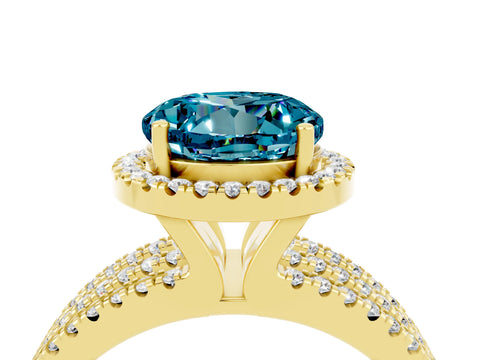 Yellow gold {shape_name} Blue Topaz Halo Engagement Ring with Split Shank and Four-Prong Setting_4