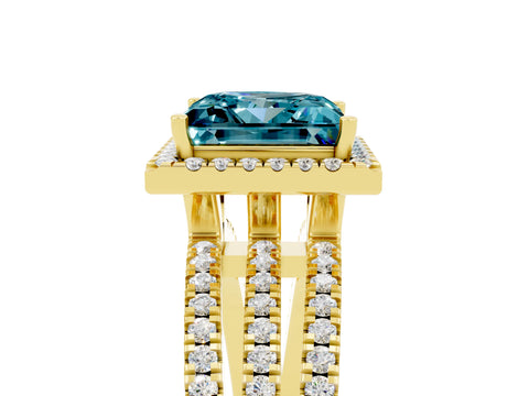 Yellow gold {shape_name} Blue Topaz Halo Engagement Ring with Split Shank and Four-Prong Setting_5