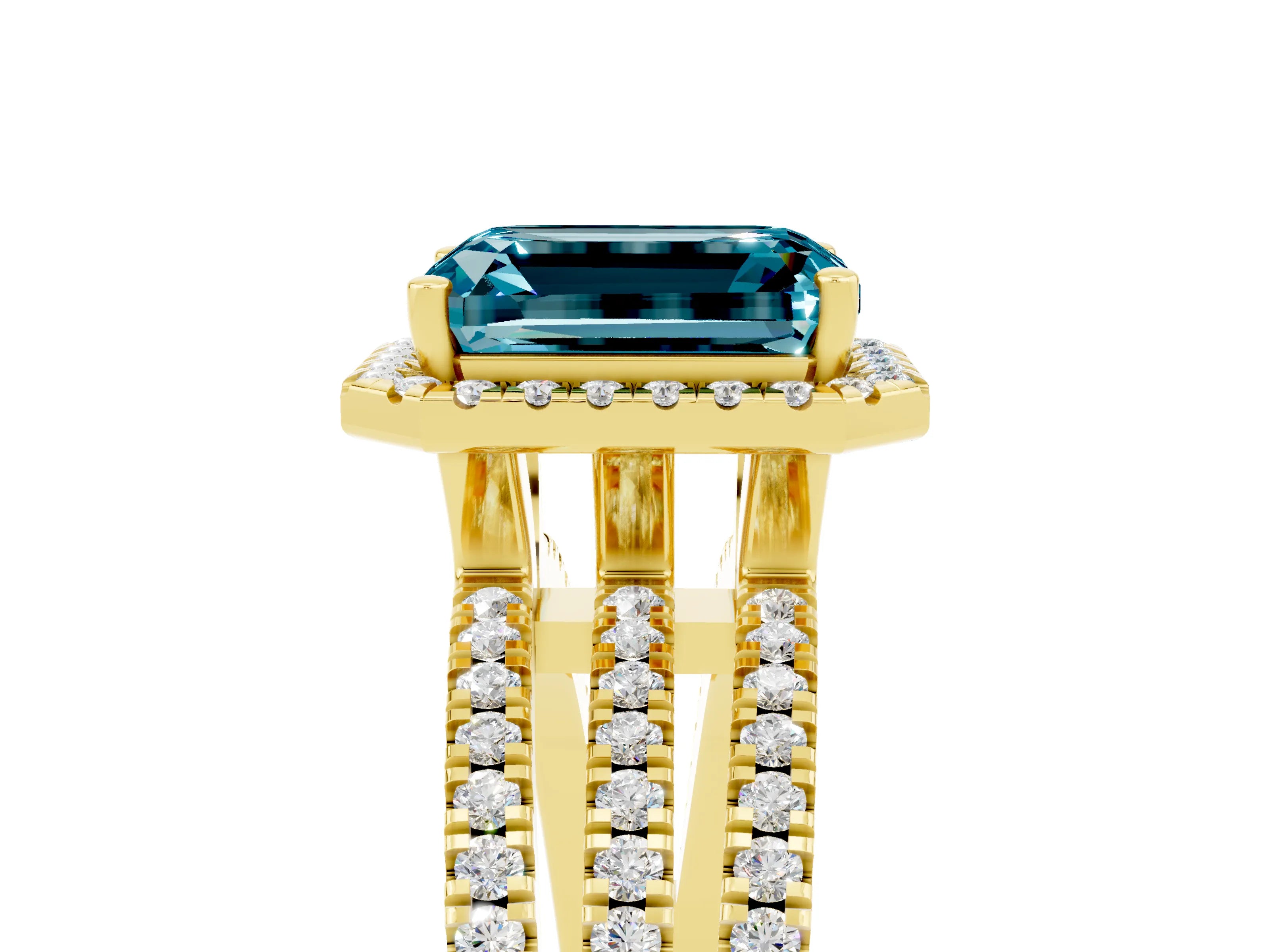 Yellow gold {shape_name} Blue Topaz Halo Engagement Ring with Split Shank and Four-Prong Setting_5