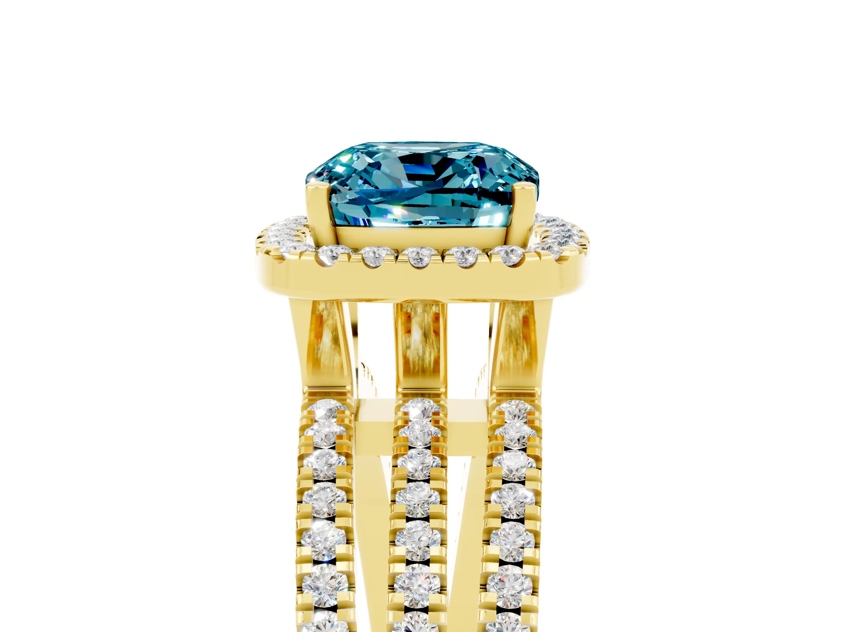Yellow gold {shape_name} Blue Topaz Halo Engagement Ring with Split Shank and Four-Prong Setting_5