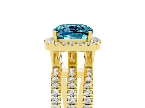 Yellow gold {shape_name} Blue Topaz Halo Engagement Ring with Split Shank and Four-Prong Setting_5