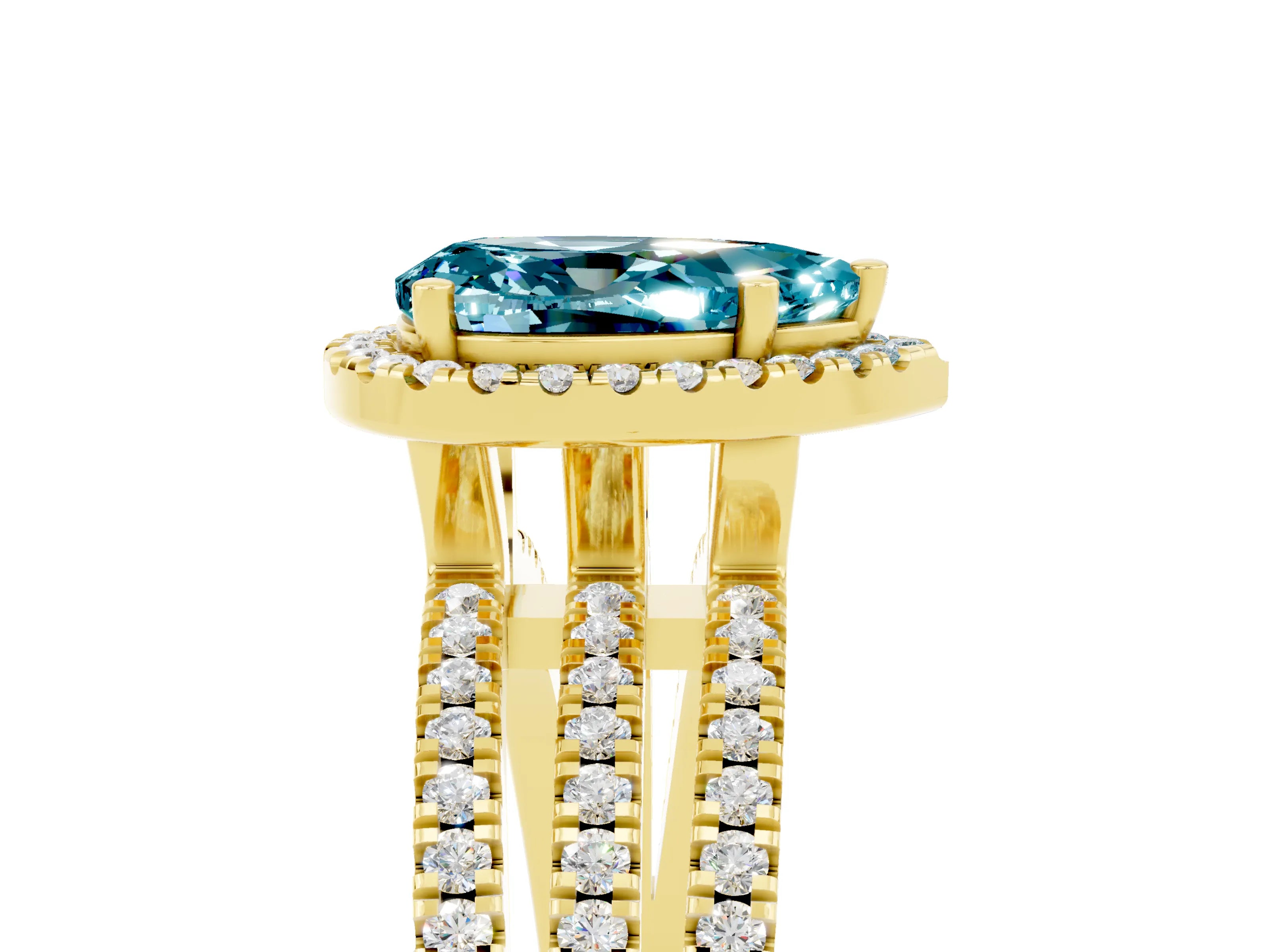 Yellow gold {shape_name} Blue Topaz Halo Engagement Ring with Split Shank and Four-Prong Setting_5