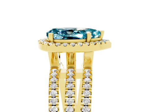 Yellow gold {shape_name} Blue Topaz Halo Engagement Ring with Split Shank and Four-Prong Setting_5