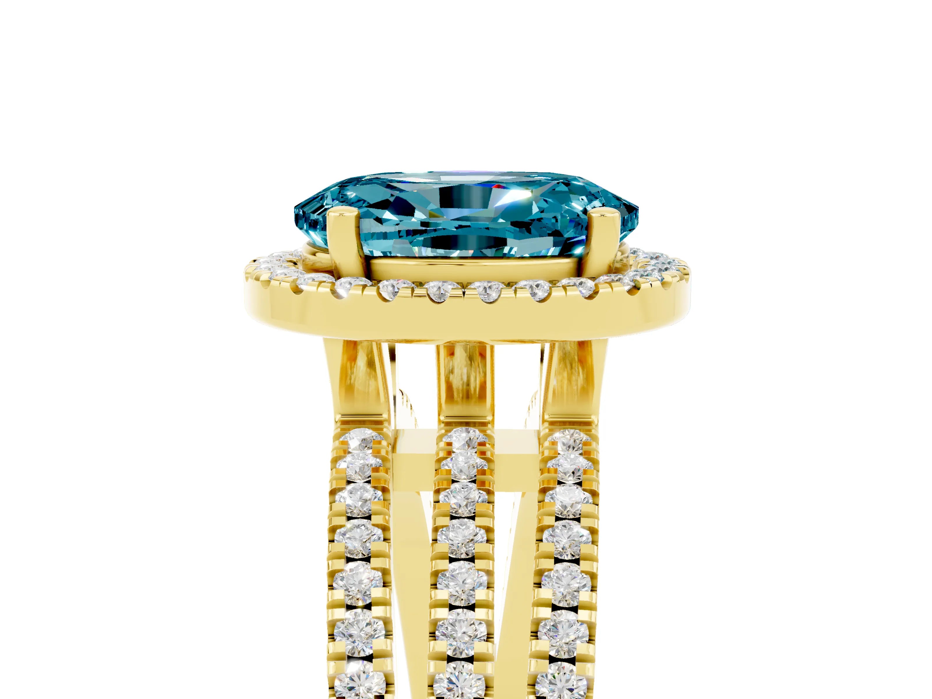 Yellow gold {shape_name} Blue Topaz Halo Engagement Ring with Split Shank and Four-Prong Setting_5