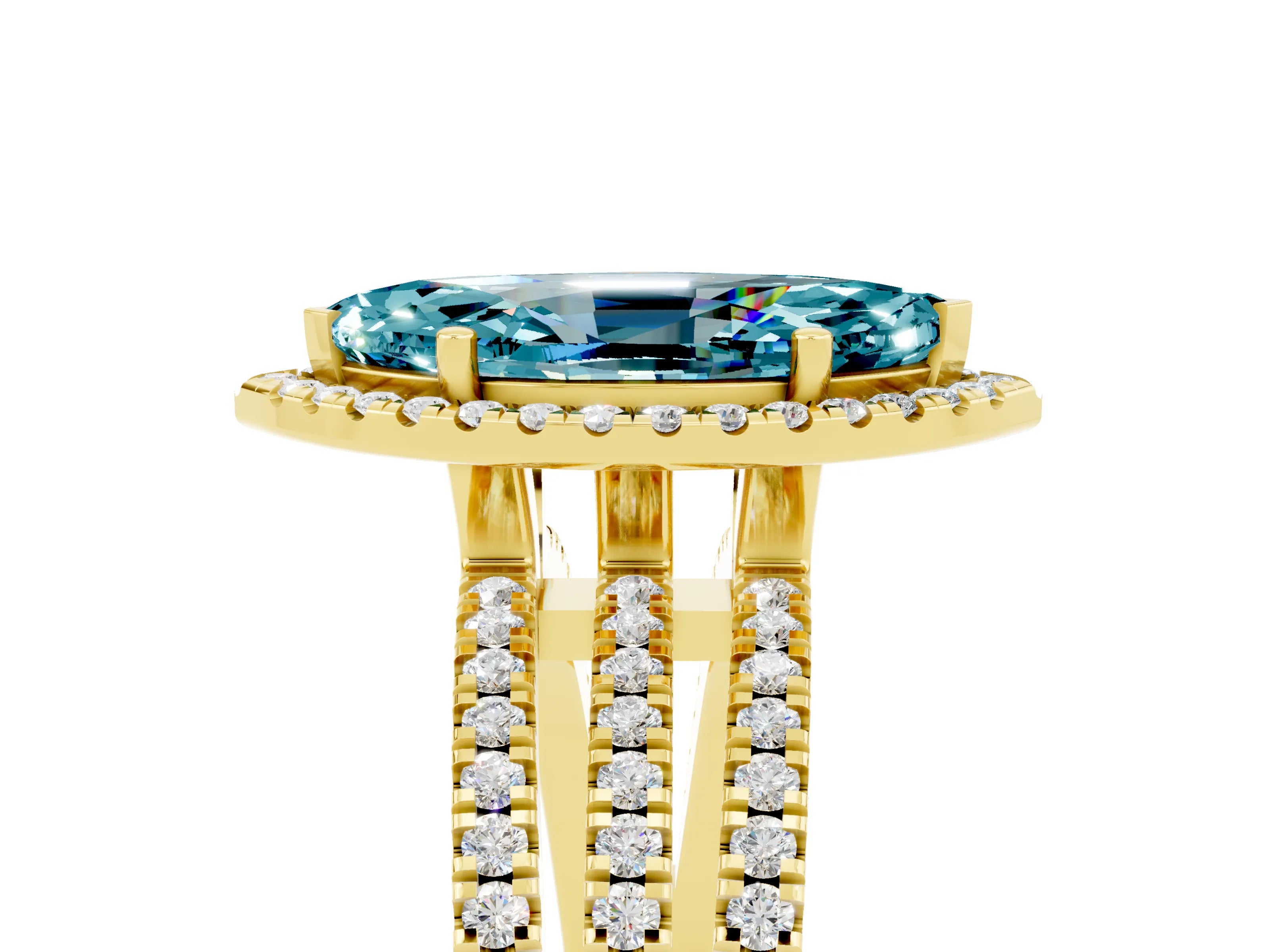 Yellow gold {shape_name} Blue Topaz Halo Engagement Ring with Split Shank and Four-Prong Setting_5