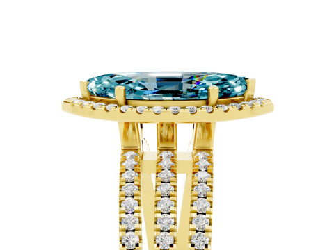 Yellow gold {shape_name} Blue Topaz Halo Engagement Ring with Split Shank and Four-Prong Setting_5