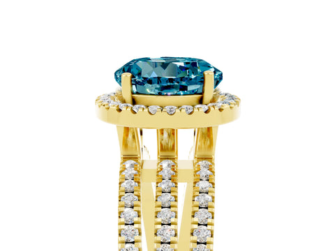 Yellow gold {shape_name} Blue Topaz Halo Engagement Ring with Split Shank and Four-Prong Setting_5
