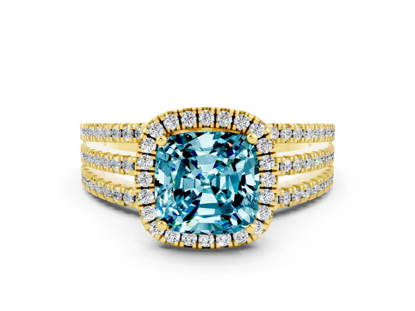 Yellow gold Cushion Cut Blue Topaz Halo Engagement Ring with Split Shank and Four-Prong Setting