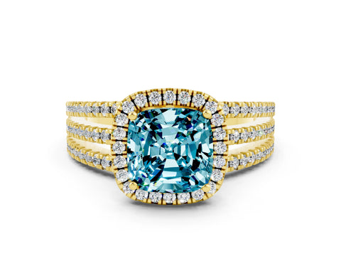 Yellow gold {shape_name} Blue Topaz Halo Engagement Ring with Split Shank and Four-Prong Setting