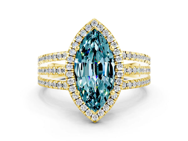 Yellow gold Marquise Cut Blue Topaz Halo Engagement Ring with Split Shank and Four-Prong Setting