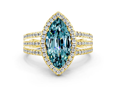 Yellow gold {shape_name} Blue Topaz Halo Engagement Ring with Split Shank and Four-Prong Setting