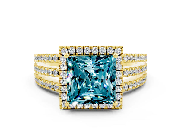 Yellow gold Princess Cut Blue Topaz Halo Engagement Ring with Split Shank and Four-Prong Setting