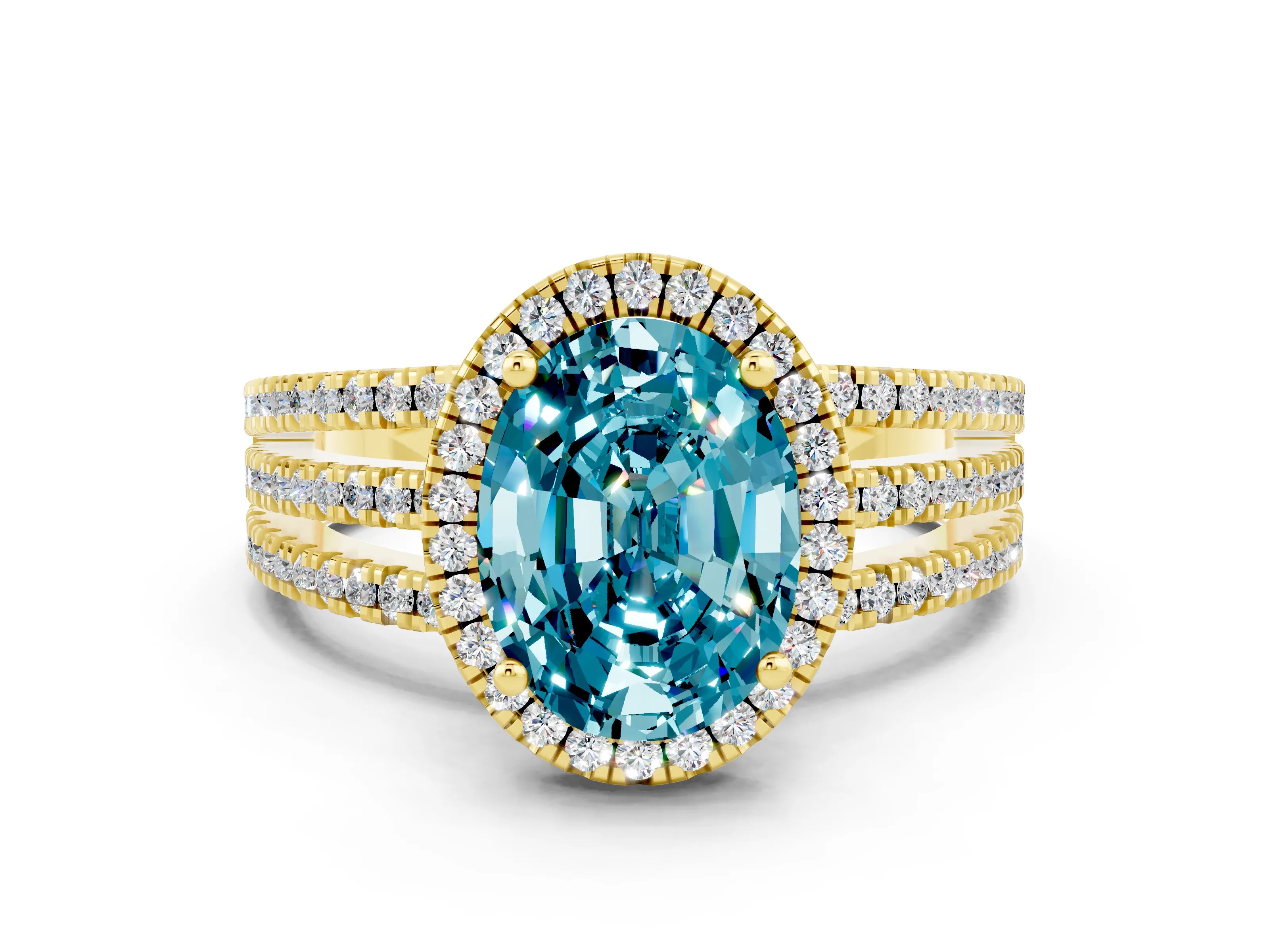 Yellow gold {shape_name} Blue Topaz Halo Engagement Ring with Split Shank and Four-Prong Setting