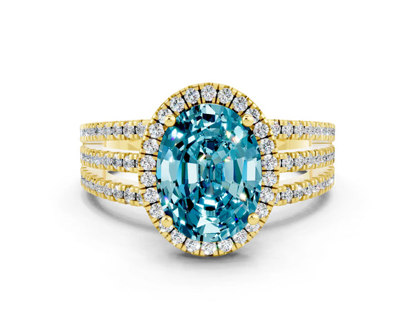 Yellow gold Oval Cut Blue Topaz Halo Engagement Ring with Split Shank and Four-Prong Setting