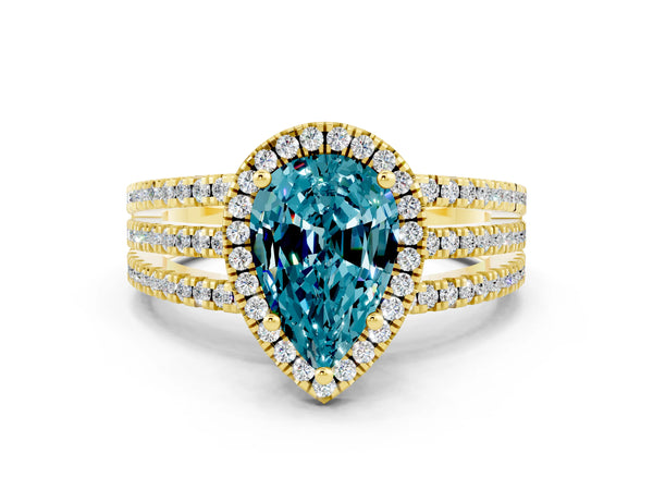 Yellow gold Pear Cut Blue Topaz Halo Engagement Ring with Split Shank and Four-Prong Setting