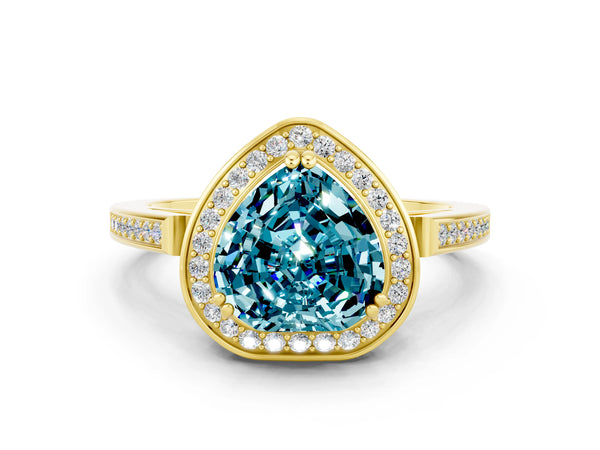 Yellow gold Heart Cut Blue Topaz Halo Ring with Split Shank and Four-Prong Setting