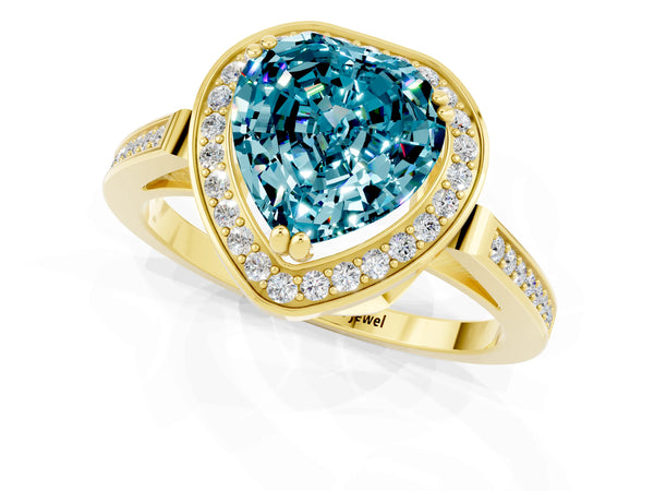 Yellow gold Heart Cut Blue Topaz Halo Ring with Split Shank and Four-Prong Setting