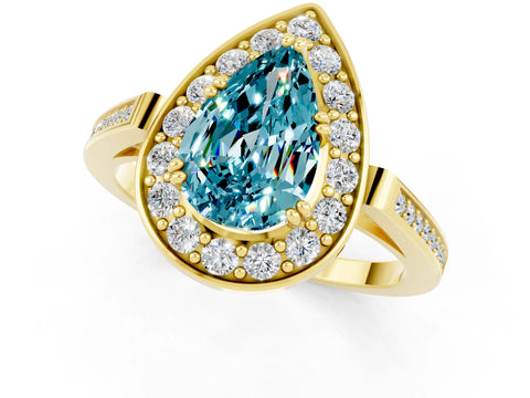 Yellow gold {shape_name} Blue Topaz Halo Ring with Split Shank and Four-Prong Setting_1