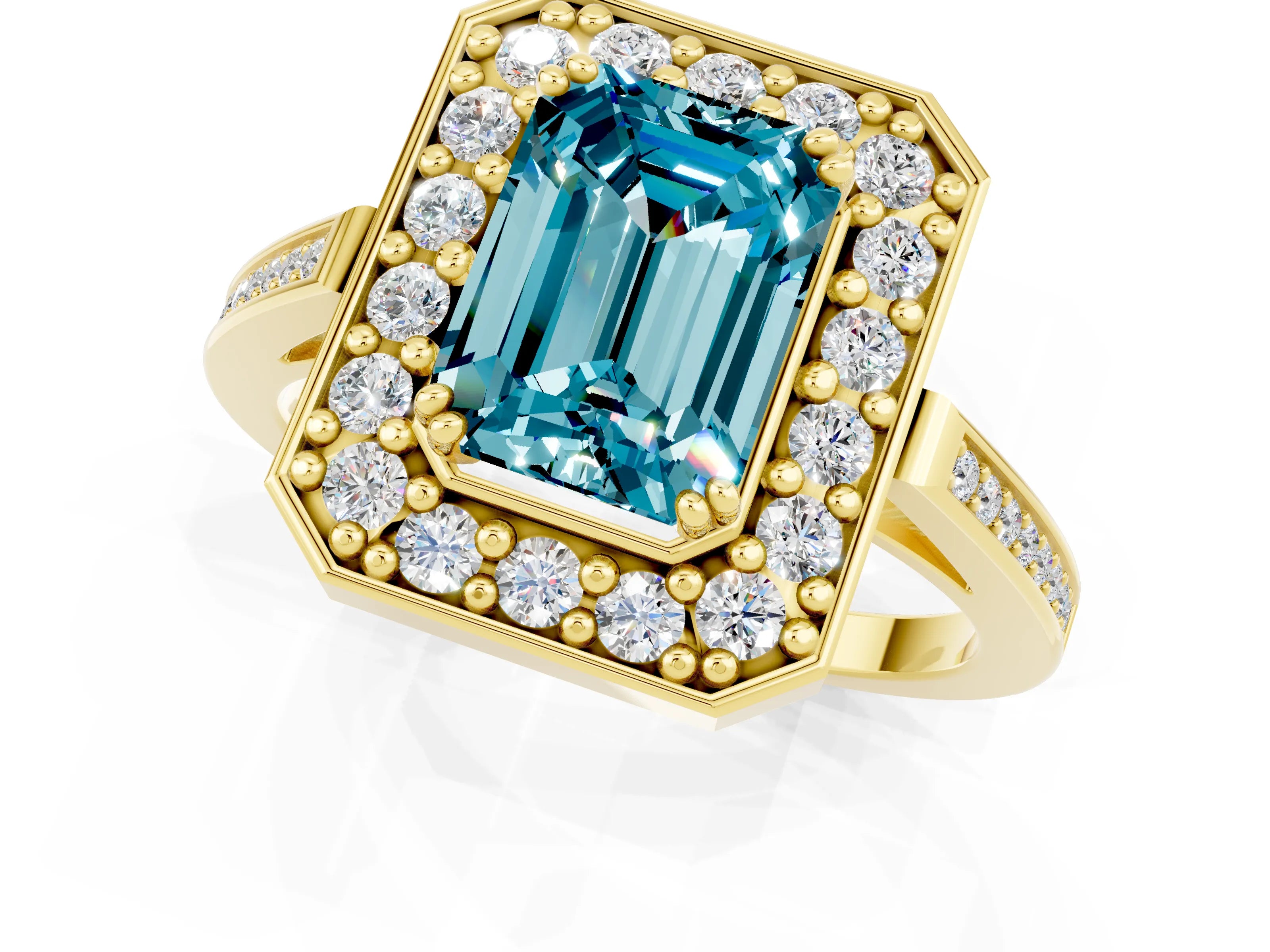 Yellow gold {shape_name} Blue Topaz Halo Ring with Split Shank and Four-Prong Setting_1