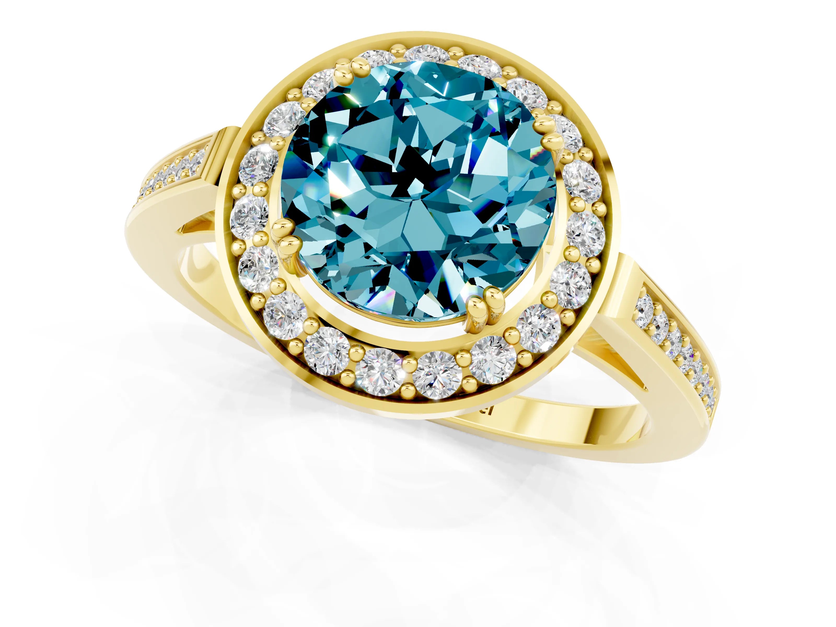 Yellow gold {shape_name} Blue Topaz Halo Ring with Split Shank and Four-Prong Setting_1