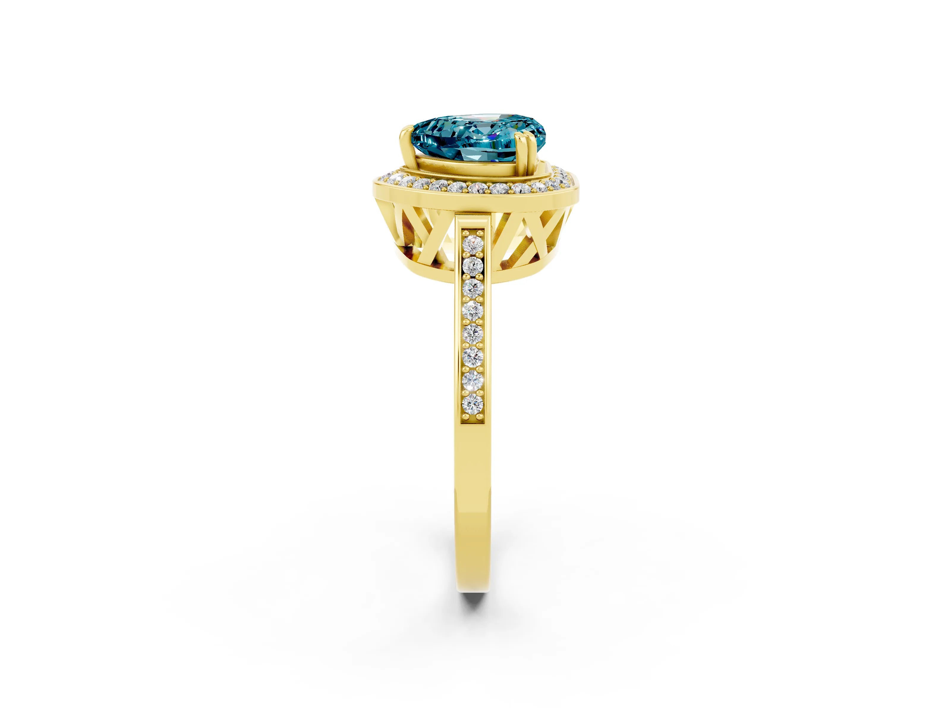 Yellow gold {shape_name} Blue Topaz Halo Ring with Split Shank and Four-Prong Setting_2