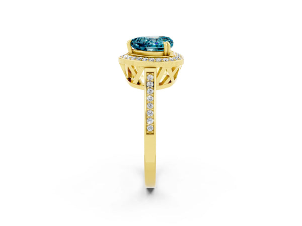 Yellow gold Heart Cut Blue Topaz Halo Ring with Split Shank and Four-Prong Setting