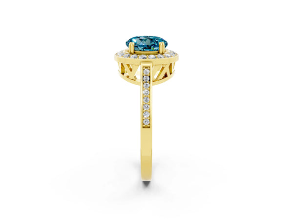 Yellow gold Round Cut Blue Topaz Halo Ring with Split Shank and Four-Prong Setting