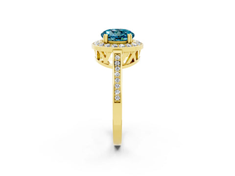 Yellow gold {shape_name} Blue Topaz Halo Ring with Split Shank and Four-Prong Setting_2