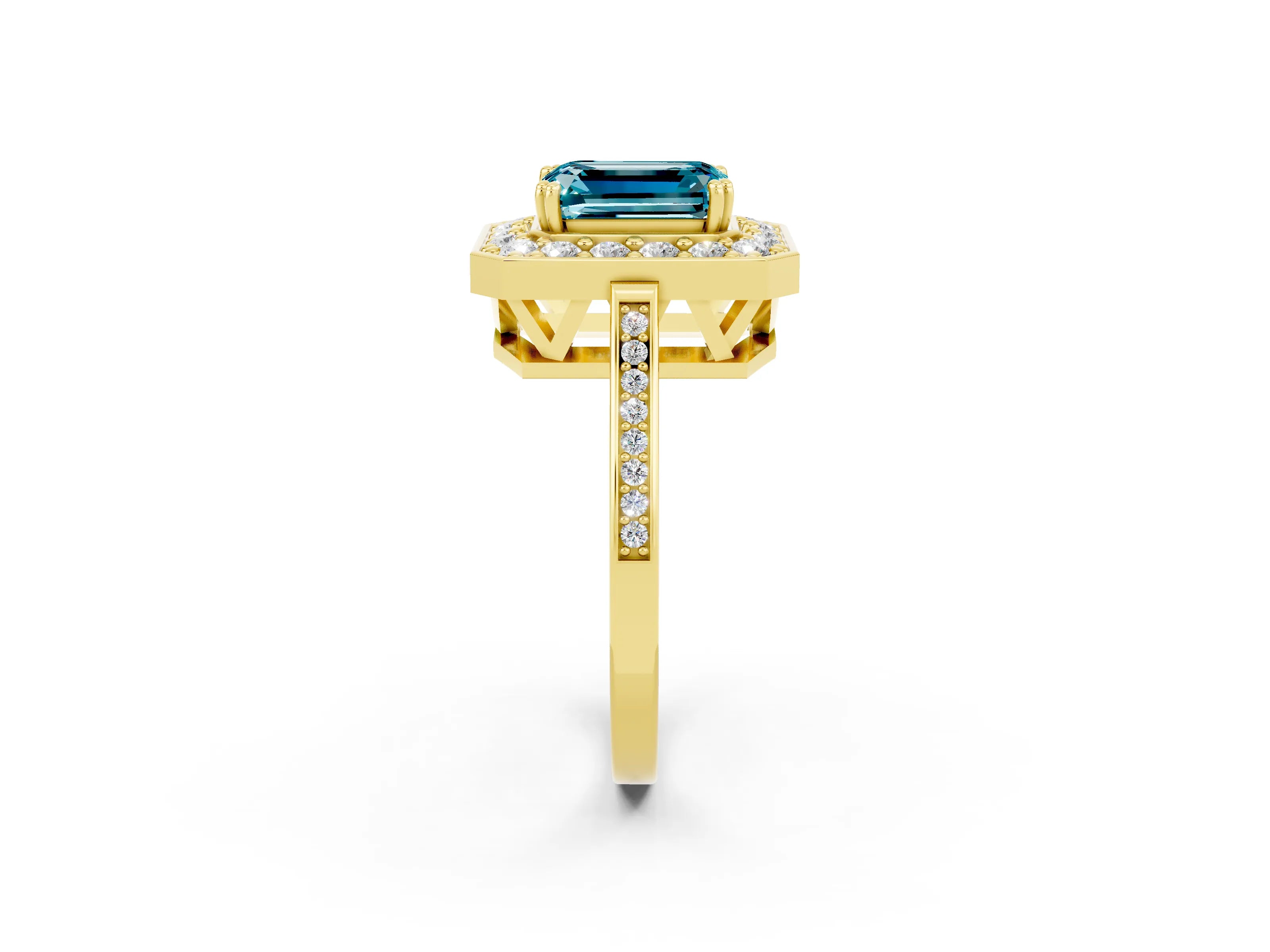 Yellow gold {shape_name} Blue Topaz Halo Ring with Split Shank and Four-Prong Setting_2
