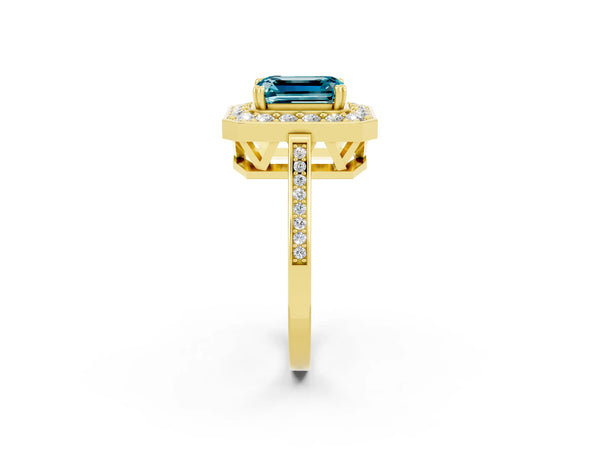 Yellow gold Emerald Cut Blue Topaz Halo Ring with Split Shank and Four-Prong Setting