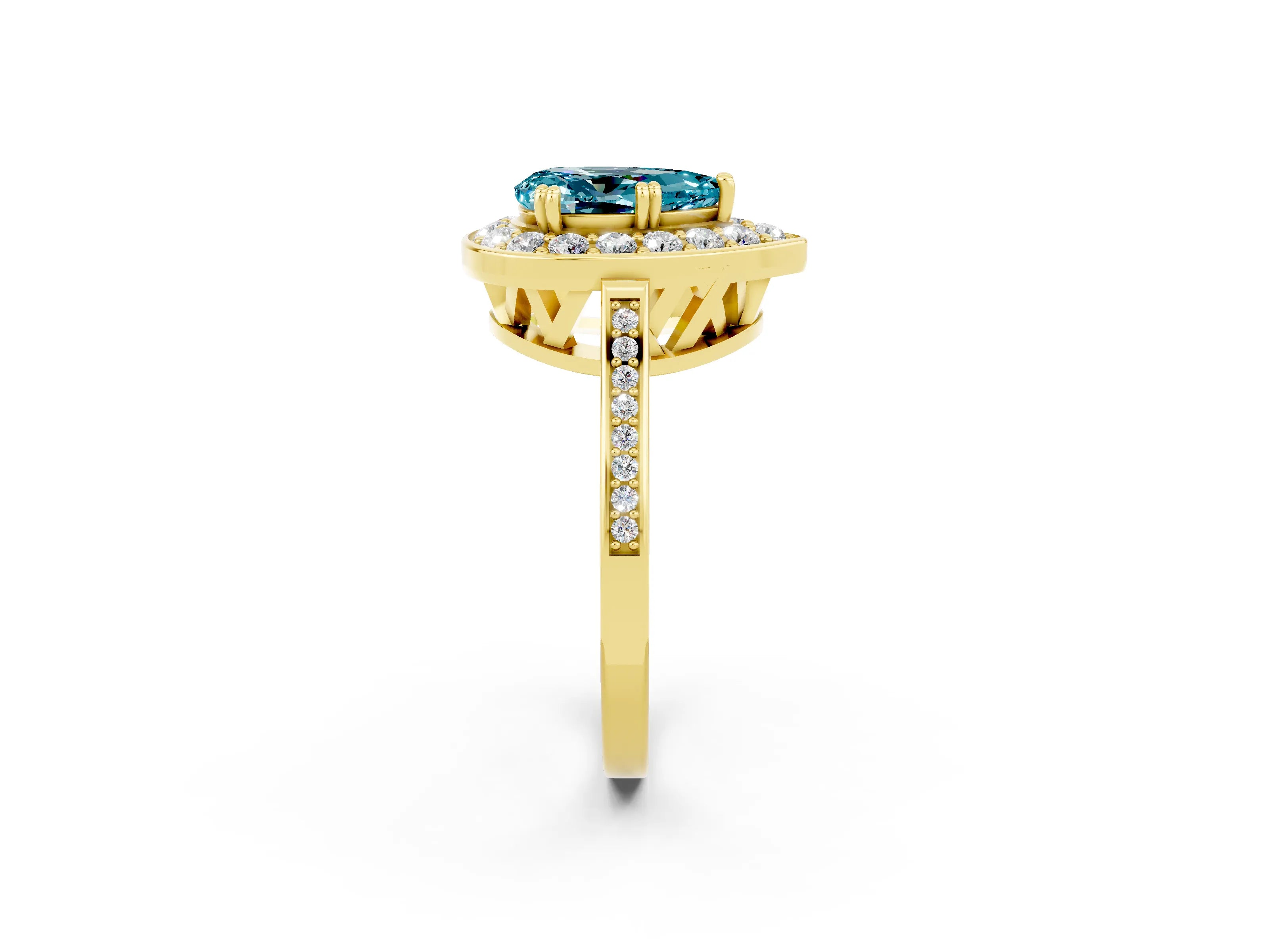 Yellow gold {shape_name} Blue Topaz Halo Ring with Split Shank and Four-Prong Setting_2