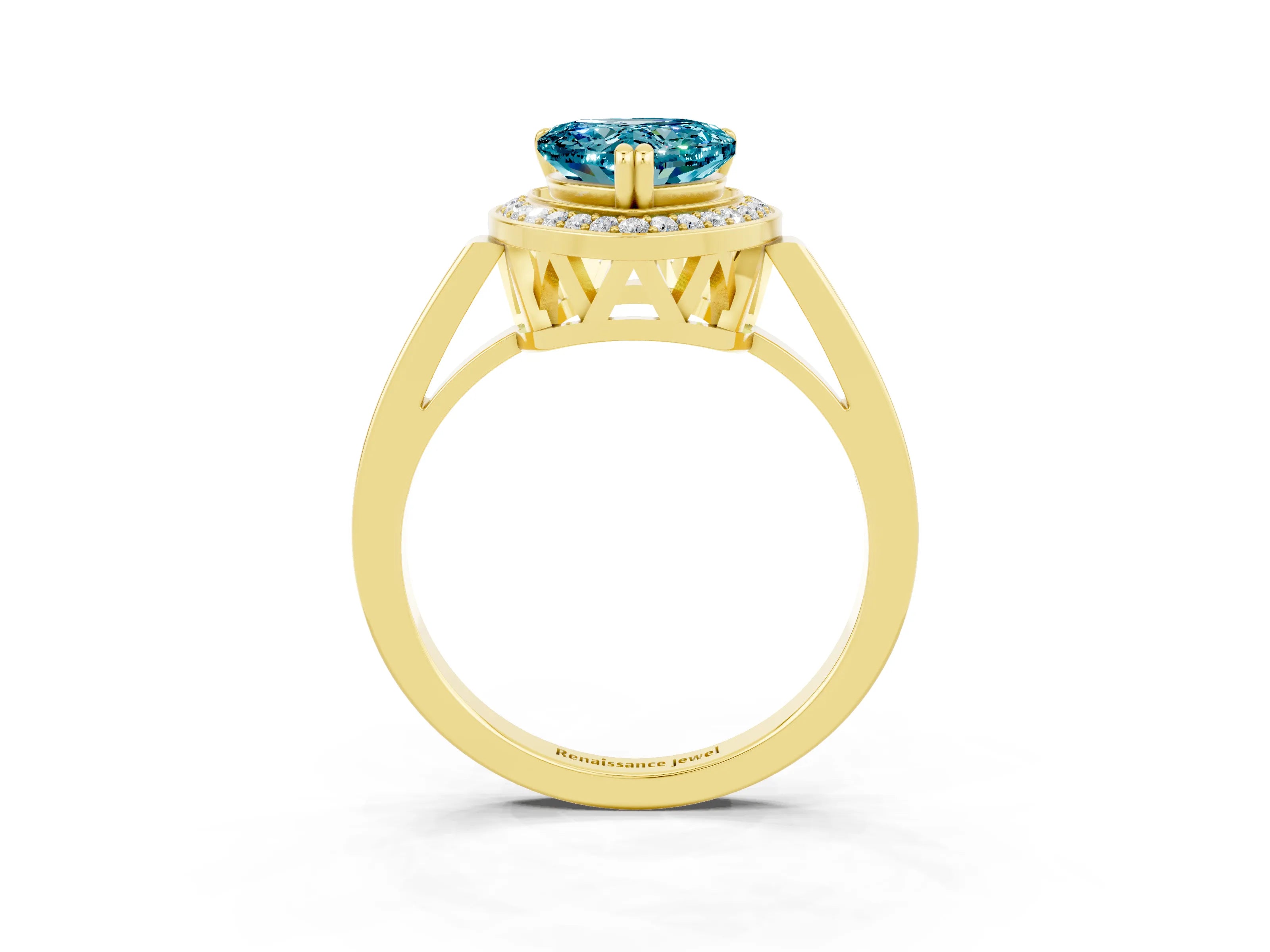 Yellow gold {shape_name} Blue Topaz Halo Ring with Split Shank and Four-Prong Setting_3