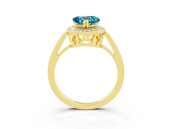 Yellow gold Heart Cut Blue Topaz Halo Ring with Split Shank and Four-Prong Setting