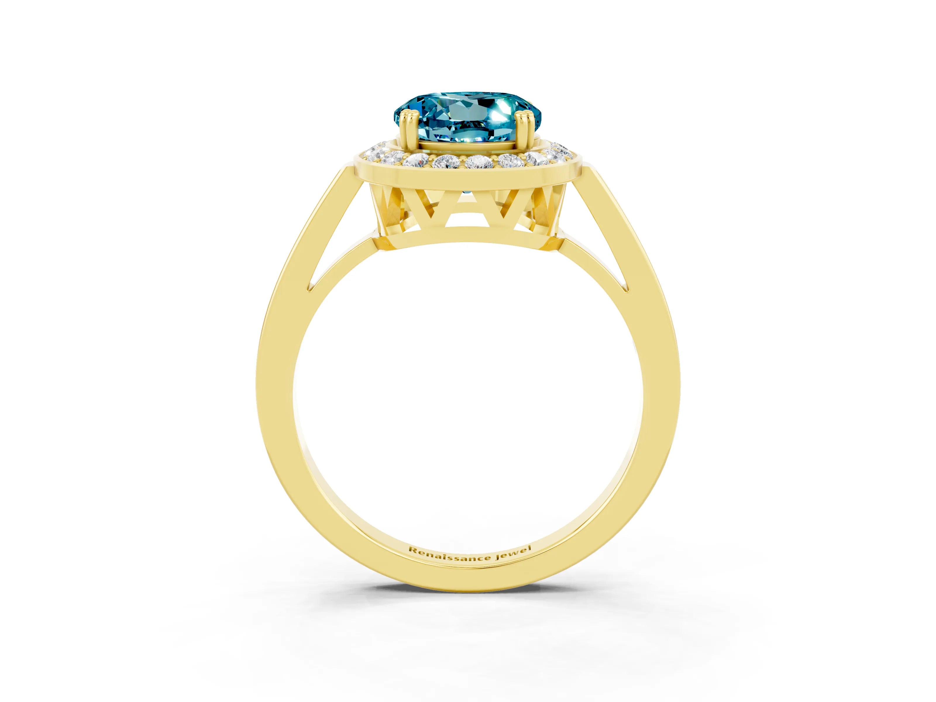 Yellow gold {shape_name} Blue Topaz Halo Ring with Split Shank and Four-Prong Setting_3